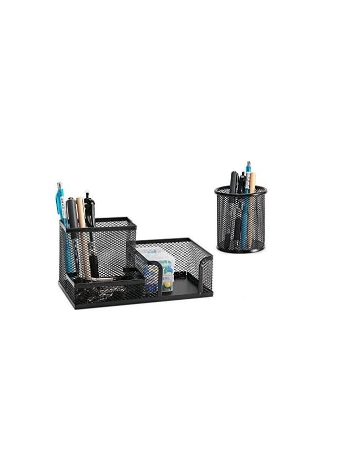 Generic 3-Tier Metal Mesh Desk Organizer Set – Multi-Compartment Pen Holder & Stationery Caddy for Office, Home, School – Black Desktop Organizer with Storage Tray.  - Image 1