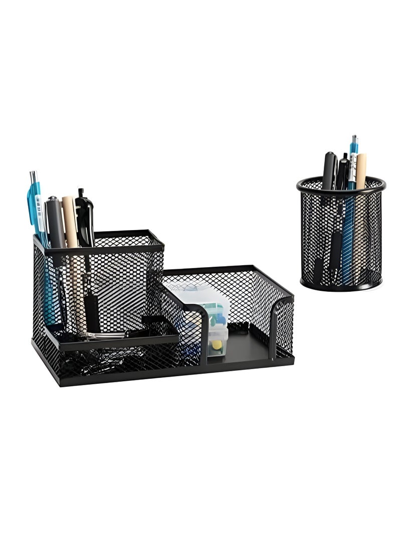 3-Tier Metal Mesh Desk Organizer Set – Multi-Compartment Pen Holder & Stationery Caddy for Office, Home, School – Black Desktop Organizer with Storage Tray. - Image 1