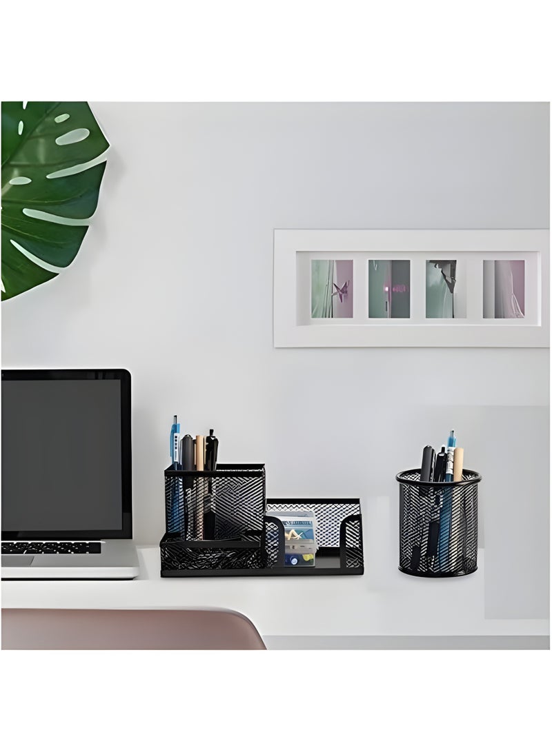 3-Tier Metal Mesh Desk Organizer Set – Multi-Compartment Pen Holder & Stationery Caddy for Office, Home, School – Black Desktop Organizer with Storage Tray. - Image 2