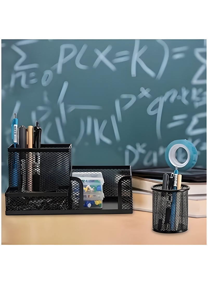 3-Tier Metal Mesh Desk Organizer Set – Multi-Compartment Pen Holder & Stationery Caddy for Office, Home, School – Black Desktop Organizer with Storage Tray. - Image 3