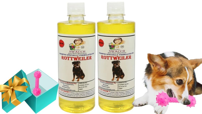 swacch Rottweiler Dog Shampoo + Dumbbell Toy I Durable Rubber Dog Toy for Chewing I Playing,Teeth Cleaning & Training Toy I Combo Pack I 500ml Pack of 2 Lemon - Image 1