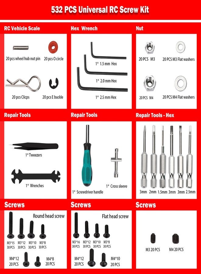 Kimapeso RC Car Repair Work Stand 532 PCS RC Repair Screws Set Kit 360 Degree Rotation RC Repair Station Screwdrivers Screws Pallet Kit for 1/8 1/10 1/12 1/16 1/18 RC Crawler Truck Buggy - Image 2