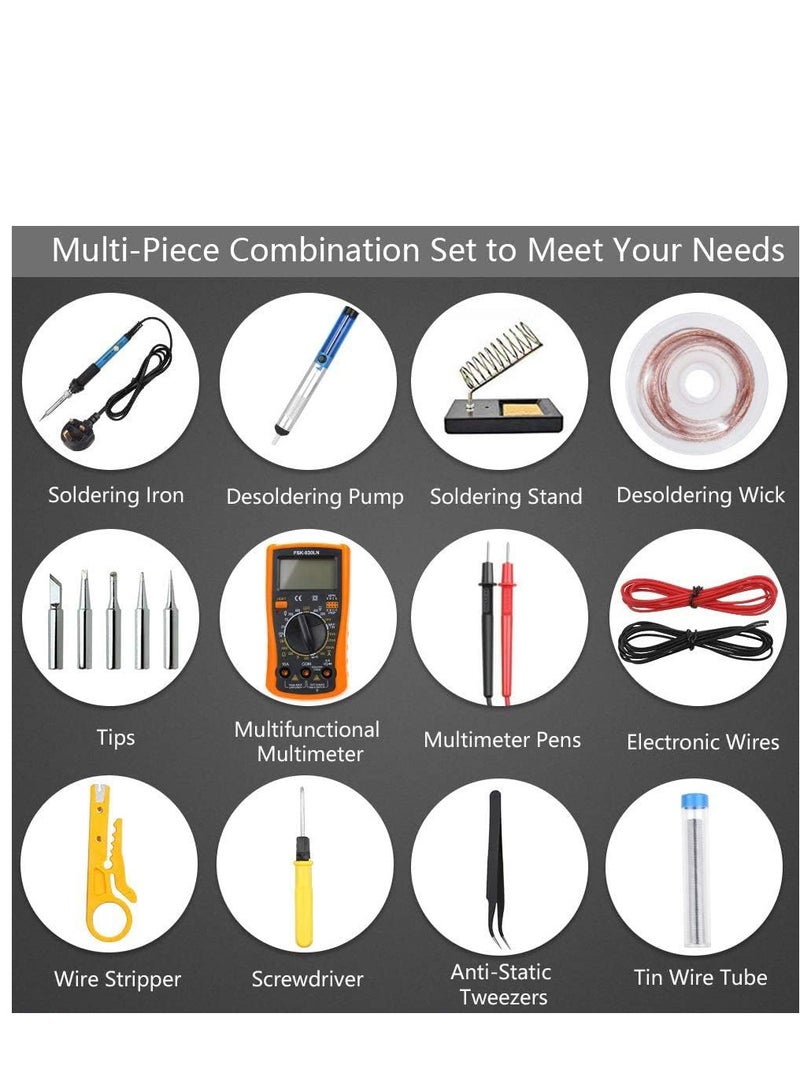 طقم حديد لحام كهربائي، اداة حديد اللحام الكهربائي القابلة للتعديل 60 واط مع مقياس رقمي متعدد، ومضخة لازالة القصدير، وقاطع اسلاك - Image 2