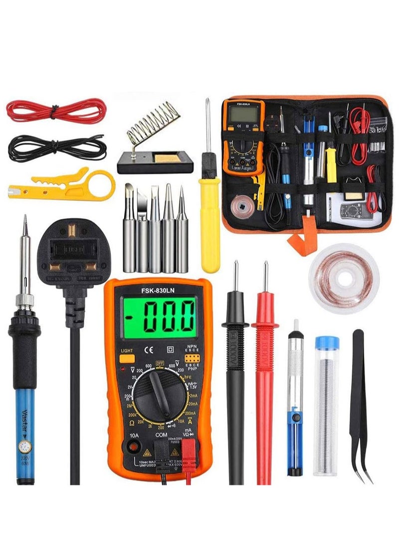 طقم حديد لحام كهربائي، اداة حديد اللحام الكهربائي القابلة للتعديل 60 واط مع مقياس رقمي متعدد، ومضخة لازالة القصدير، وقاطع اسلاك - Image 1