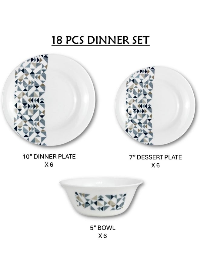 Melrich - 18-Piece Opalware Dinner Set With 6 X 25 Cm Dinner Plate, 6 X 18 Cm Soup Plate, 6 X 13 Cm Rice Bowl, Serves 6, White - Image 1