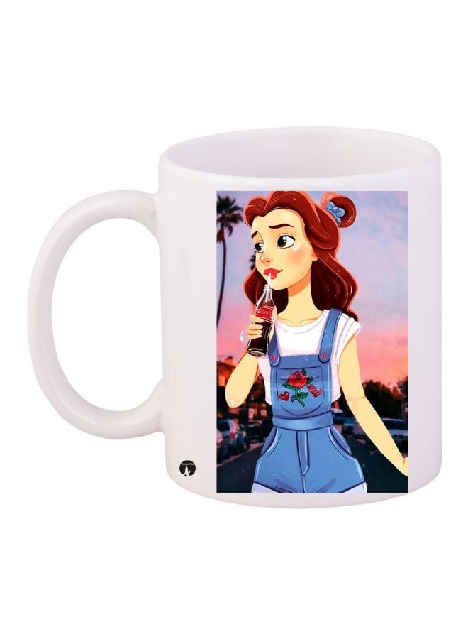 RYN Cartoon Girl Printed Coffee Mug White/Beige/Blue 11ounce