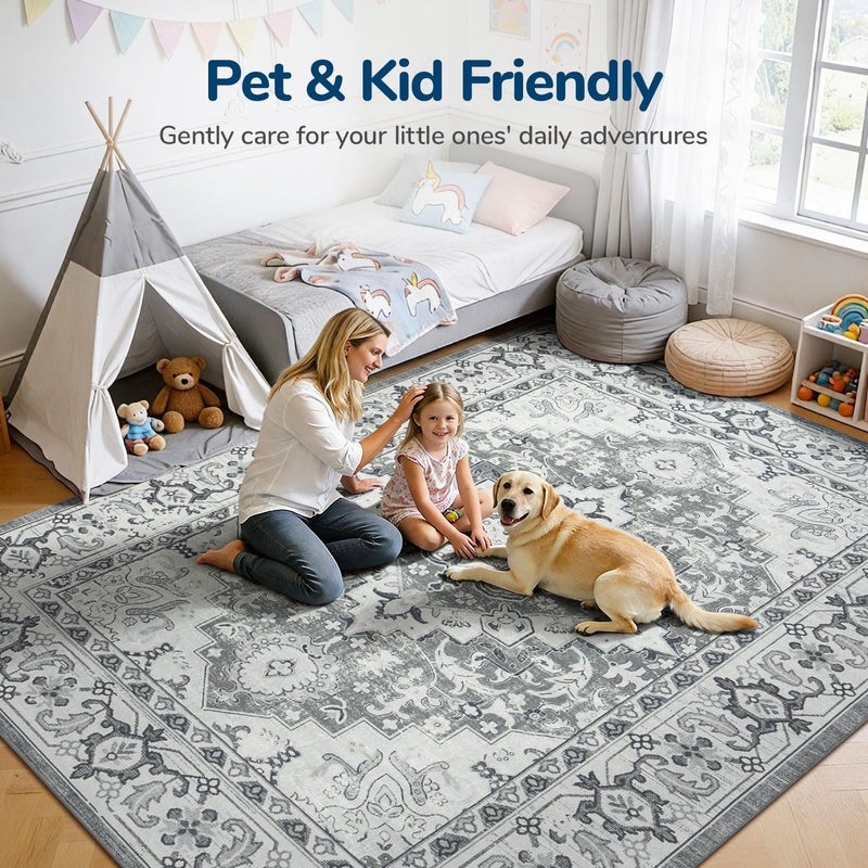 Lessymo Area Rugs 9x12 Living Room- Large Area Rug Machine Washable Area Rug for Bedroom Living Room, Vintage Rugs Boho Floral Medallion, Non-Slip Rubber, Low Pile, Kid & Pet Friendly, Grey White - Image 4