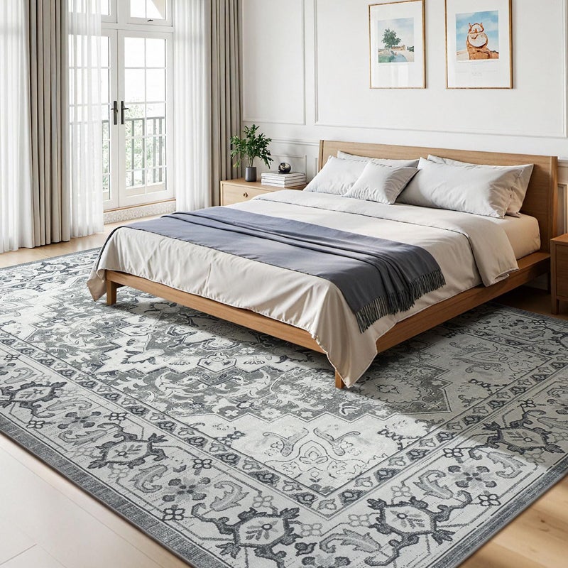 Lessymo Area Rugs 9x12 Living Room- Large Area Rug Machine Washable Area Rug for Bedroom Living Room, Vintage Rugs Boho Floral Medallion, Non-Slip Rubber, Low Pile, Kid & Pet Friendly, Grey White - Image 2