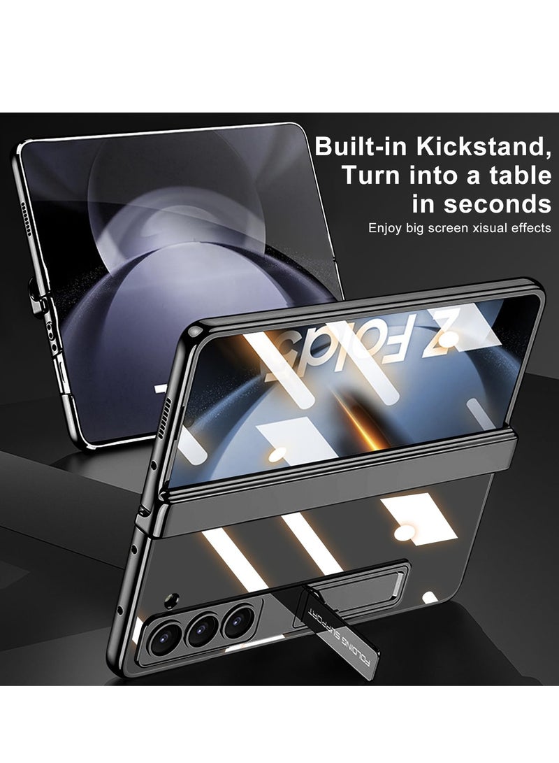 SYOSI Case for Galaxy Z Fold 5 Magnetic Hinge Coverage Protection Ultra Thin Transparent Plating Crystal Built in 3 Gears Adjustment Kickstand Front Glass All Inclusive Case Clear Black - Image 4