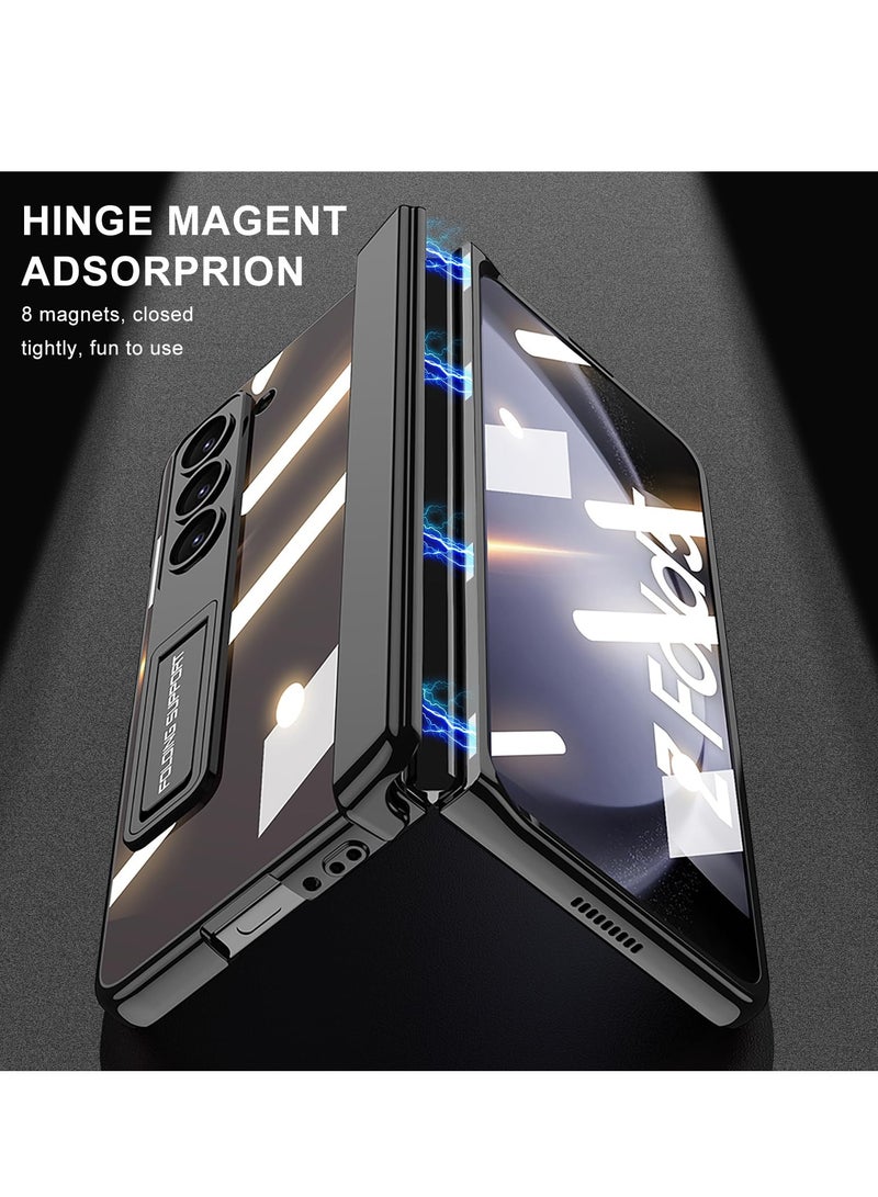 SYOSI Case for Galaxy Z Fold 5 Magnetic Hinge Coverage Protection Ultra Thin Transparent Plating Crystal Built in 3 Gears Adjustment Kickstand Front Glass All Inclusive Case Clear Black - Image 3
