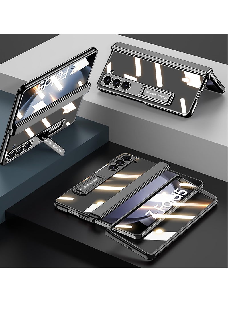 SYOSI Case for Galaxy Z Fold 5 Magnetic Hinge Coverage Protection Ultra Thin Transparent Plating Crystal Built in 3 Gears Adjustment Kickstand Front Glass All Inclusive Case Clear Black - Image 2