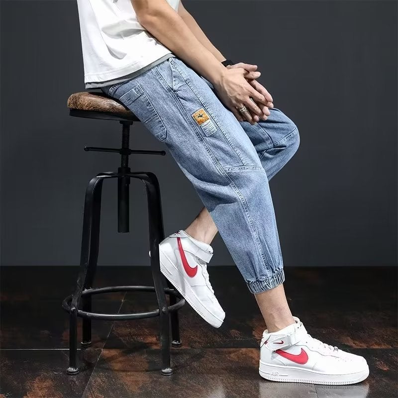 Generic Summer thin cropped Denim shorts mens loose casual pants boys breeches elastic waist pants Blue - Image 1