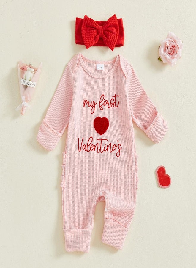 Socutebabe My First Valentines Baby Girl Outfit Newborn Love Onesie Waffle Knit Sweater Romper Jumpsuit Cute Infant Clothes (My First Valentines Pink, Newborn) - Image 2