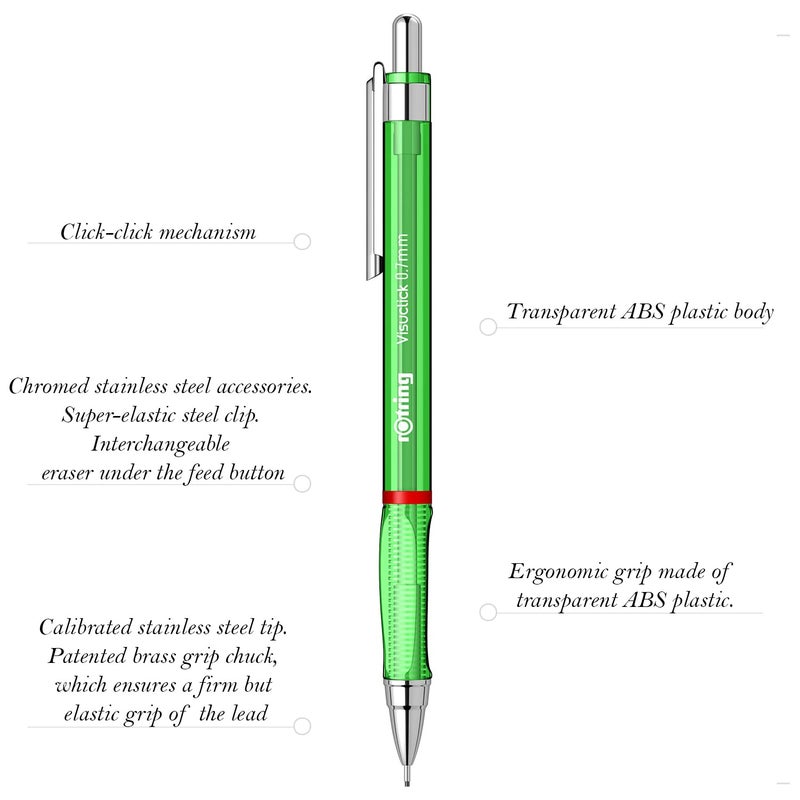Rotring Visuclick Green Mechanical Pencil 07mm for Drawing Writing Sketching Transparent ABS Plastic Body 12 HB Polymer Leads - Image 2