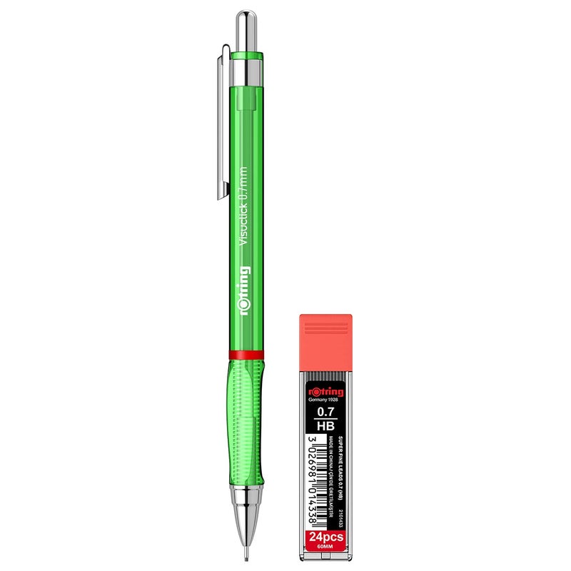 Rotring Visuclick Green Mechanical Pencil 07mm for Drawing Writing Sketching Transparent ABS Plastic Body 12 HB Polymer Leads - Image 1