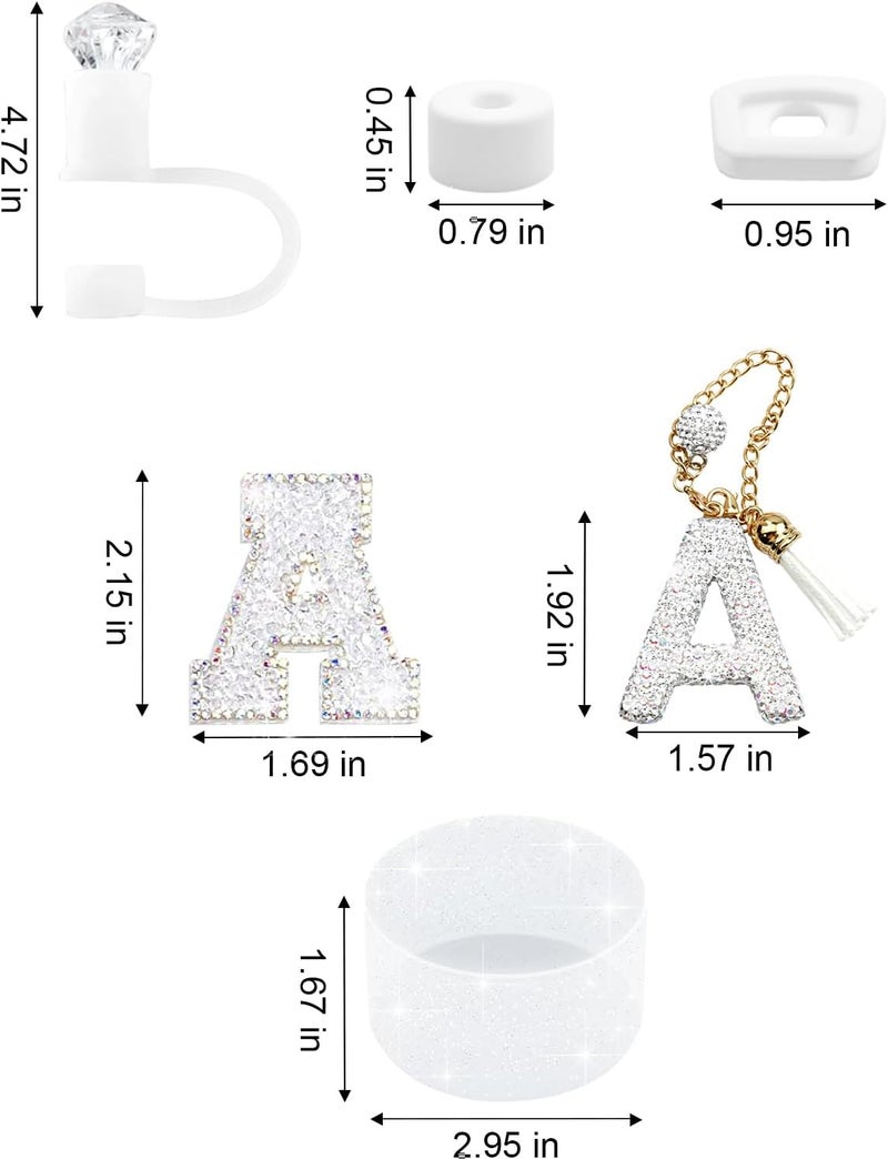 Hpebl 6PCS White for Stanley Cup Accessories Set 30/40 OZ Silver Bling Rhinestone Initials Charms for Stanley Decorations Tumbler Accessories Including Diamond Straw Topper, Spill Stopper（Letter A） - Image 3