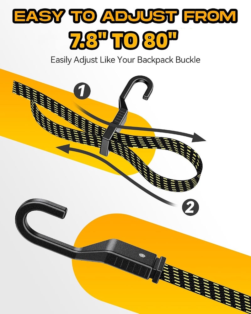 LuckyStraps 6 Pcs 80 Inch Flat Adjustable Bungee Cords with Hooks, 3X Faster to Adjust The Length, Lucky Straps Black/Yellow Heavy Duty Bungee Straps for Cargo, Bike, Cart, Tent, Truck, Camping, Outdoor, etc Wide usage compatibility - Image 3