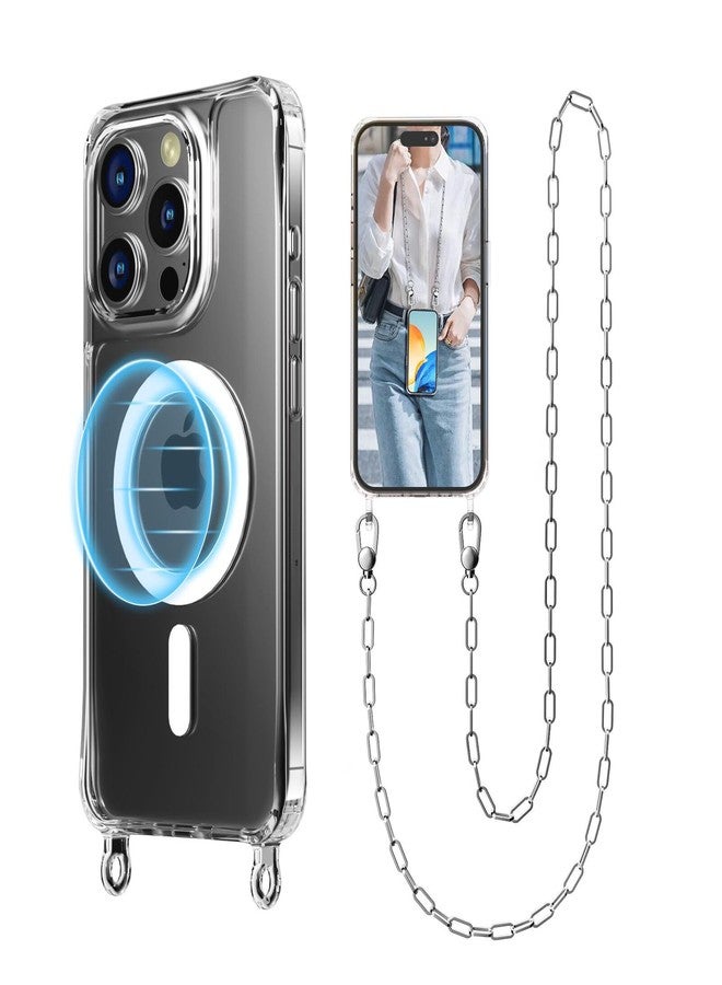 UnnFiko Crossbody Phone Lanyard for iPhone 15 Pro Case Compatible with Magsafe Clear, Metal Phone Strap Phone Case Shockproof Protection, Magnetic Phone Case for iPhone 15 Pro(Silver Lanyard) - Image 1