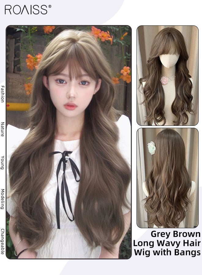 roaiss Long Wavy Grey Brown Hair Wig, Women's Middle Parting Natural Soft Synthetic Heat Resistant Hair Wig for Wedding Cosplay Party Daily Use, 60cm (24 inches) - Image 1