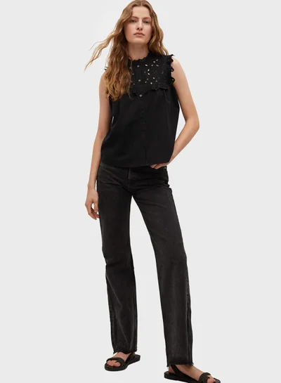 MANGO Ruffle Detail High Neck Top