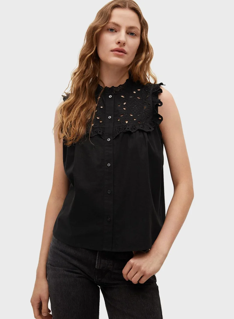 MANGO Ruffle Detail High Neck Top