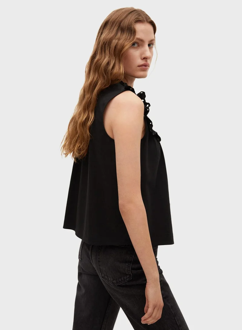 MANGO Ruffle Detail High Neck Top