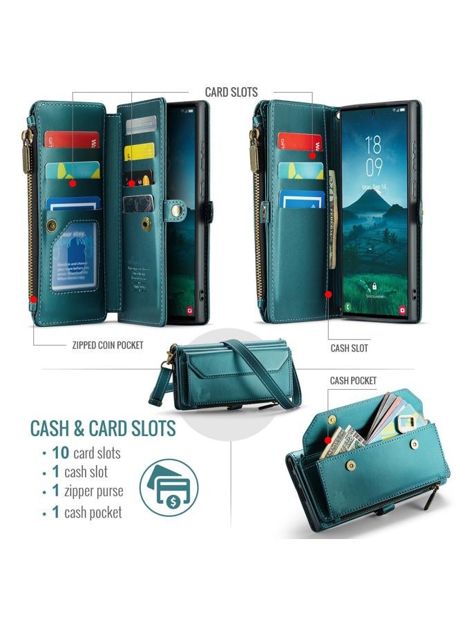 Asuwish Phone Case for Samsung Galaxy S25 Ultra 5G Zipper Wallet Cover with Tempered Glass Screen Protector and Wrist Strap Flip RFID Blocking Card Holder Cell S25Ultra 25S S 25 25Ultra 6.9 2025 Women Green - Image 2