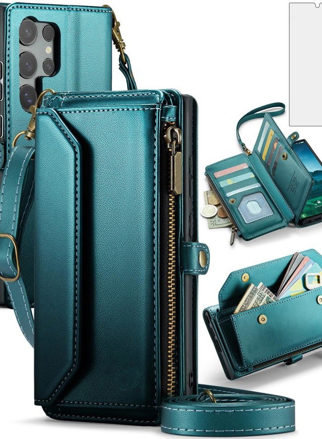 Asuwish Phone Case for Samsung Galaxy S25 Ultra 5G Zipper Wallet Cover with Tempered Glass Screen Protector and Wrist Strap Flip RFID Blocking Card Holder Cell S25Ultra 25S S 25 25Ultra 6.9 2025 Women Green - Image 1