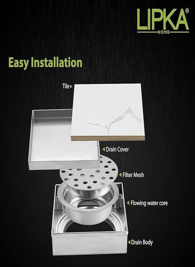 LIPKA 4 x 4 Inches Square Tile Insert Floor Drain | 304 Grade Stainless Steel/Invisible Shower Drain Channel | Waste Water Floor Drain for Bathroom & Showers Areas/Drain Jali with Anti Cockroach Trap - Image 3