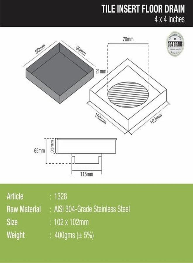 LIPKA 4 x 4 Inches Square Tile Insert Floor Drain | 304 Grade Stainless Steel/Invisible Shower Drain Channel | Waste Water Floor Drain for Bathroom & Showers Areas/Drain Jali with Anti Cockroach Trap - Image 2