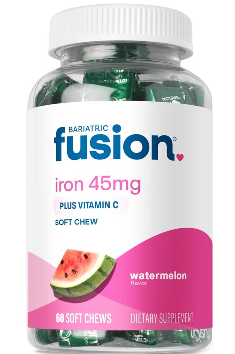 Bariatric Fusion أقراص الحديد اللينة القابلة للمضغ مع فيتامين سي | بنكهة البطيخ | مكمل غذائي من الحديد مع فيتامين سي لمرضى السمنة بما في ذلك جراحة تحويل مسار المعدة وتكميم المعدة | 60 قرصًا | إمداد لمدة شهرين - Image 1
