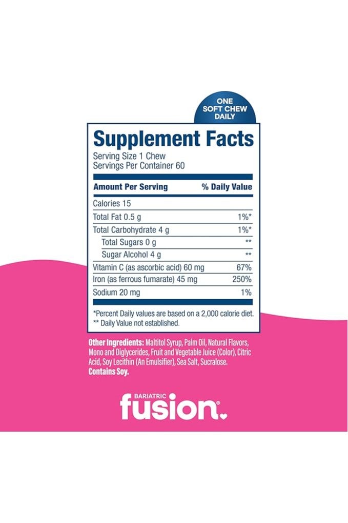 Bariatric Fusion أقراص الحديد اللينة القابلة للمضغ مع فيتامين سي | بنكهة البطيخ | مكمل غذائي من الحديد مع فيتامين سي لمرضى السمنة بما في ذلك جراحة تحويل مسار المعدة وتكميم المعدة | 60 قرصًا | إمداد لمدة شهرين - Image 2