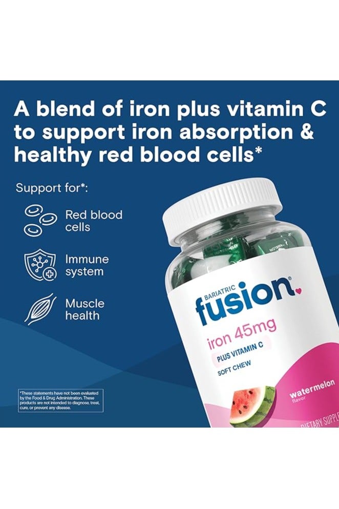 Bariatric Fusion أقراص الحديد اللينة القابلة للمضغ مع فيتامين سي | بنكهة البطيخ | مكمل غذائي من الحديد مع فيتامين سي لمرضى السمنة بما في ذلك جراحة تحويل مسار المعدة وتكميم المعدة | 60 قرصًا | إمداد لمدة شهرين - Image 4