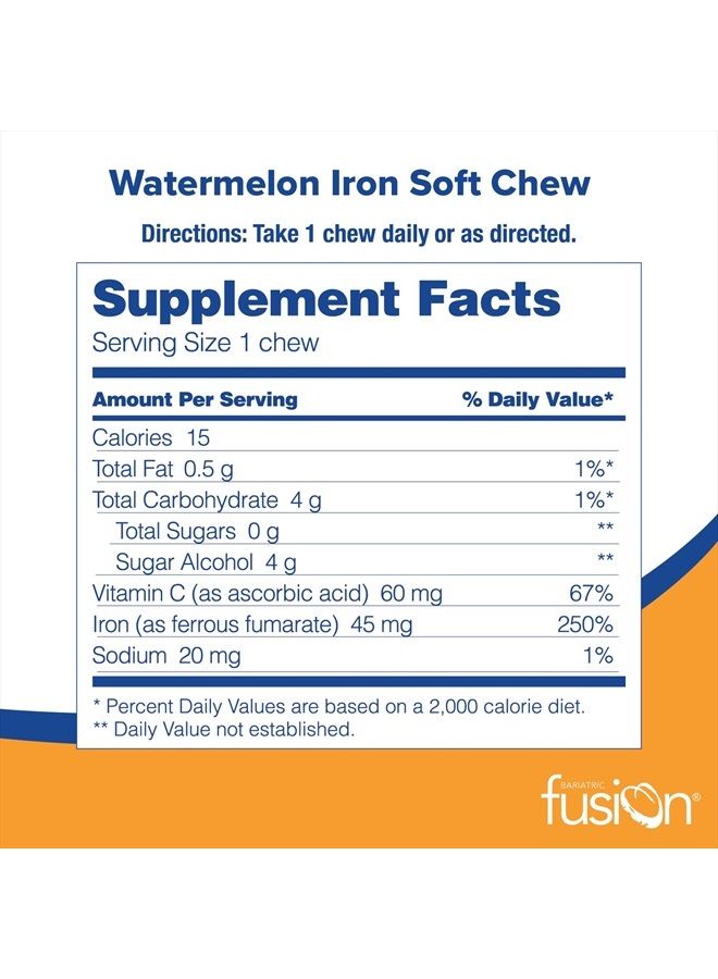 Iron Soft Chew with Vitamin C | Watermelon Flavored | Iron Supplement Chewy Vitamin for Bariatric Patients Including Gastric Bypass and Sleeve Gastrectomy | 60 Count | 2 Month Supply