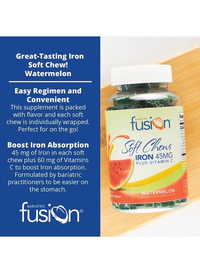 Iron Soft Chew with Vitamin C | Watermelon Flavored | Iron Supplement Chewy Vitamin for Bariatric Patients Including Gastric Bypass and Sleeve Gastrectomy | 60 Count | 2 Month Supply