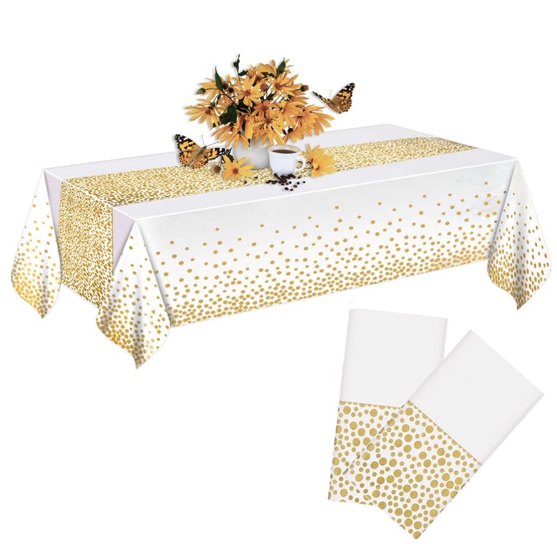 MOLFUJ 54 X 108 White and Gold Plastic Tablecloth for Party 2 Pack Disposable White Table Cloths for 8ft Rectangular Table Birthday Wedding