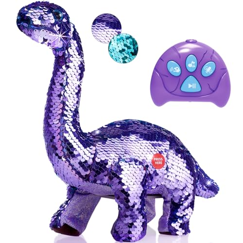 Koonie Dinosaur Toys for Girls 2 Year Old Girl Toys Purple Dinosaur Remote Control Reversible Sequins Dinosaur Toy Can Repeat Walk Roar Sing Christmas Birthday Gifts for 27 Years Old Kids Toddler - Image 1