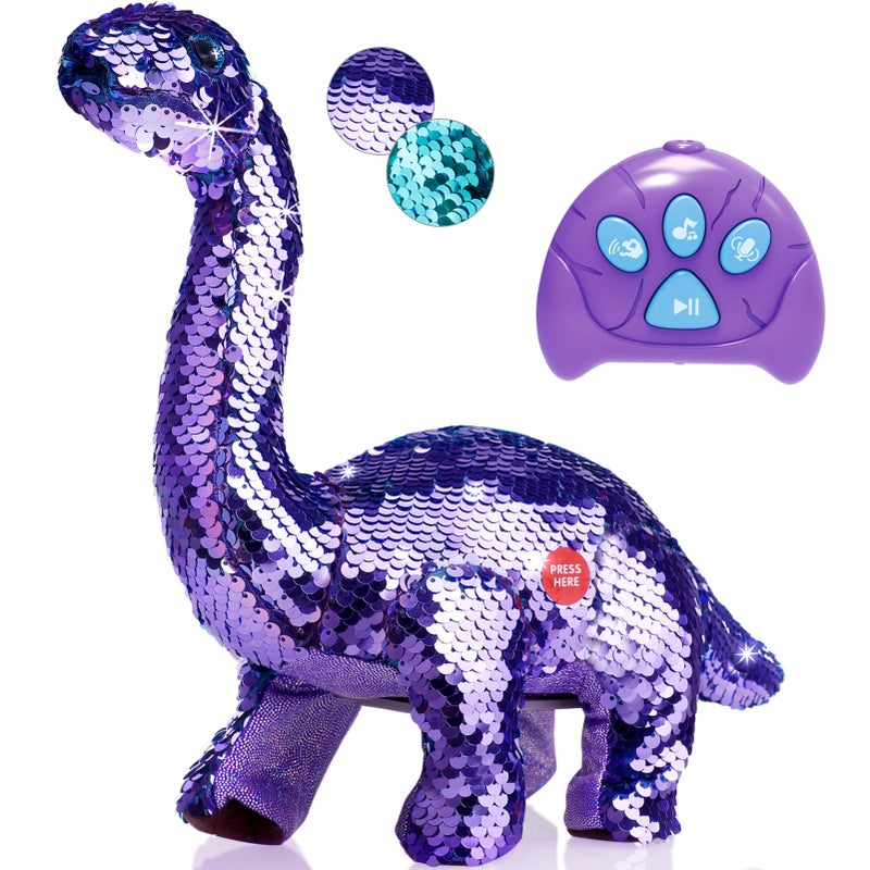 Koonie Dinosaur Toys for Girls 2 Year Old Girl Toys Purple Dinosaur Remote Control Reversible Sequins Dinosaur Toy Can Repeat Walk Roar Sing Christmas Birthday Gifts for 27 Years Old Kids Toddler - Image 3