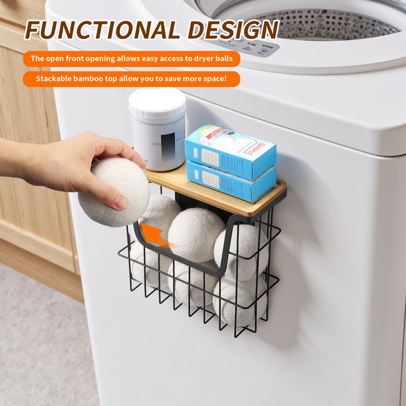 CACHOLIV Magnetic Dryer Ball Holder - Black Basket for Laundry Room Organization and Storage with Bamboo Top - Magnetic Lint Bin Suitable for Washer and Dryer / Fridge / Whiteboard (No Balls) - Image 4