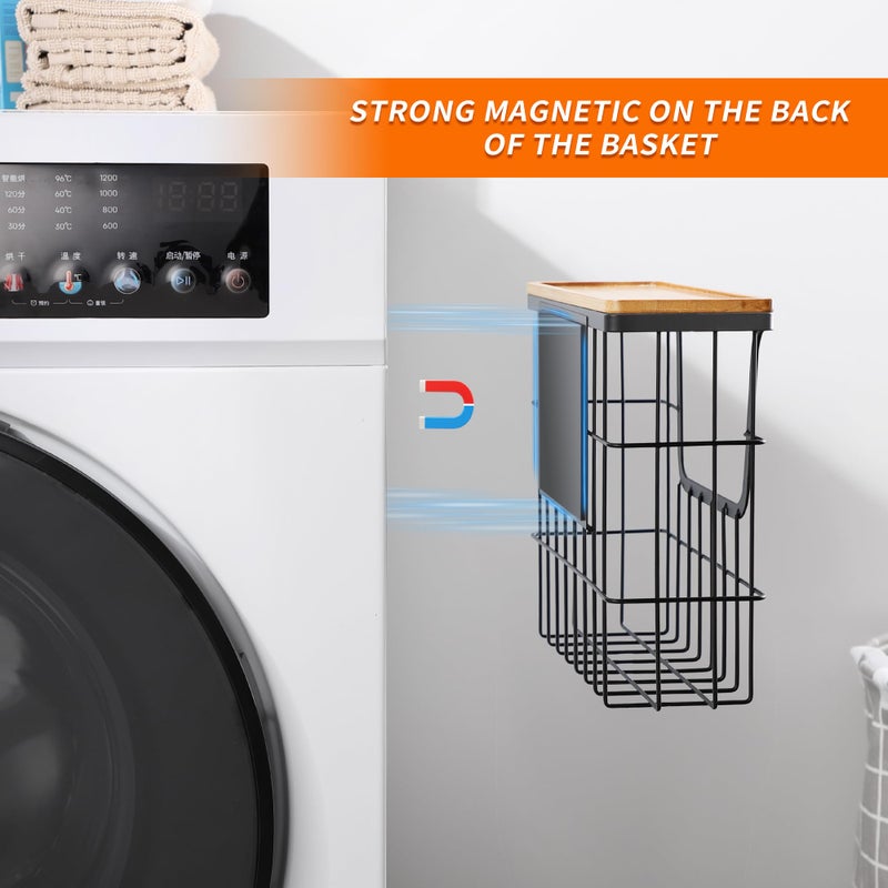 CACHOLIV Magnetic Dryer Ball Holder - Black Basket for Laundry Room Organization and Storage with Bamboo Top - Magnetic Lint Bin Suitable for Washer and Dryer / Fridge / Whiteboard (No Balls) - Image 2