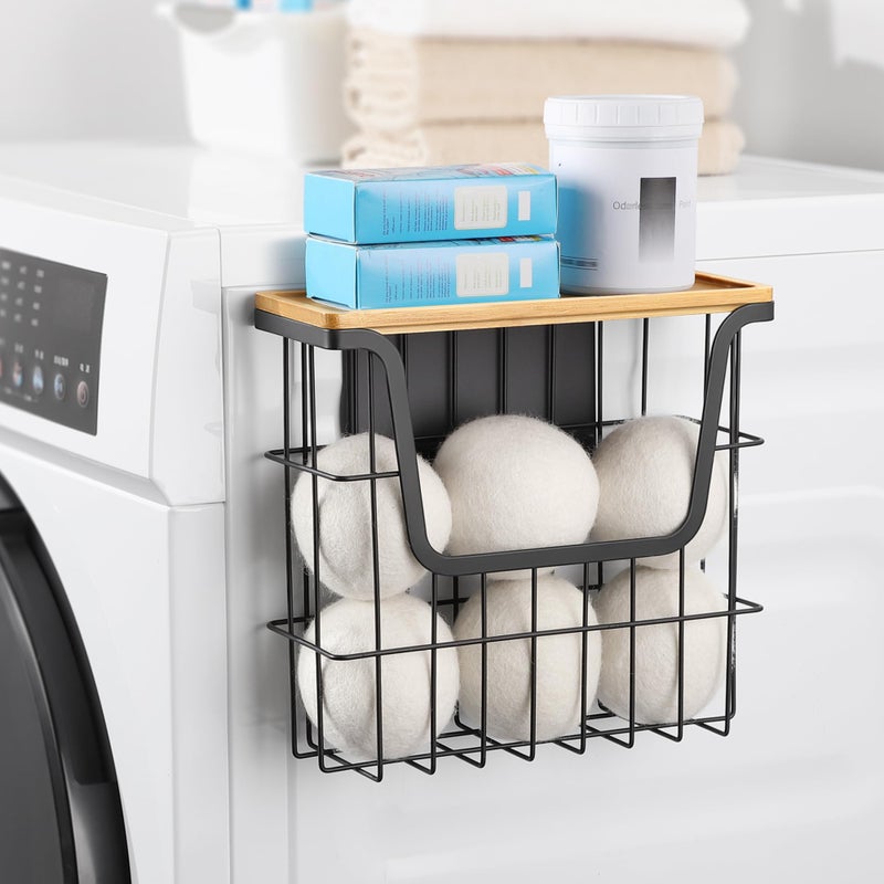 CACHOLIV Magnetic Dryer Ball Holder - Black Basket for Laundry Room Organization and Storage with Bamboo Top - Magnetic Lint Bin Suitable for Washer and Dryer / Fridge / Whiteboard (No Balls) - Image 1