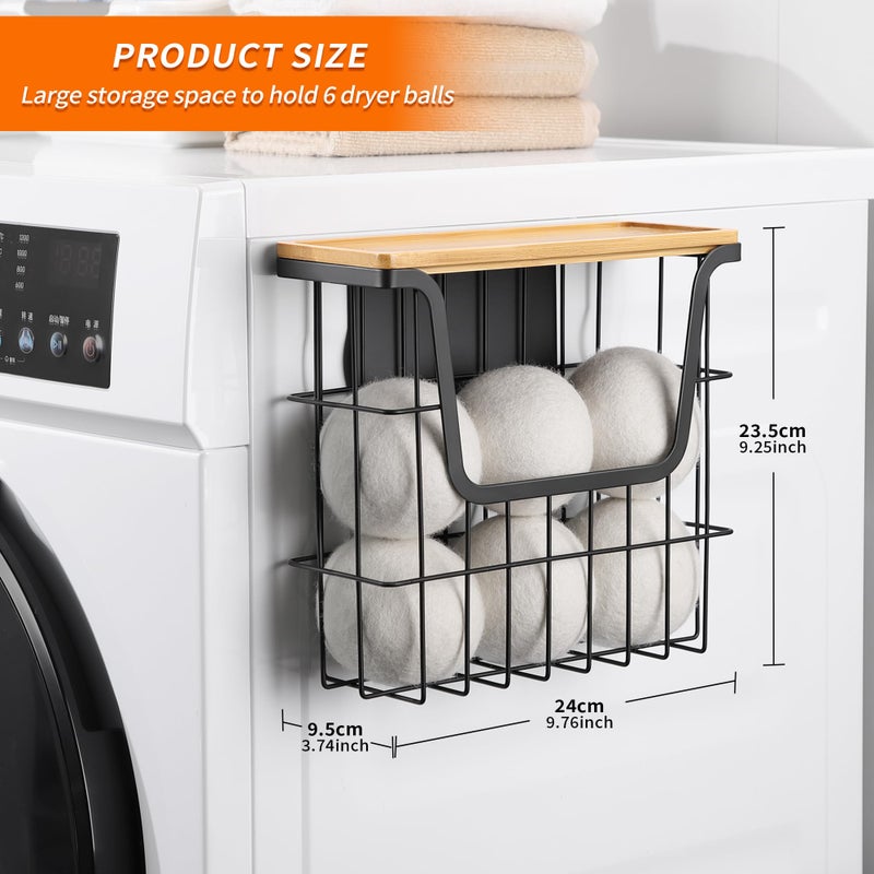 CACHOLIV Magnetic Dryer Ball Holder - Black Basket for Laundry Room Organization and Storage with Bamboo Top - Magnetic Lint Bin Suitable for Washer and Dryer / Fridge / Whiteboard (No Balls) - Image 3
