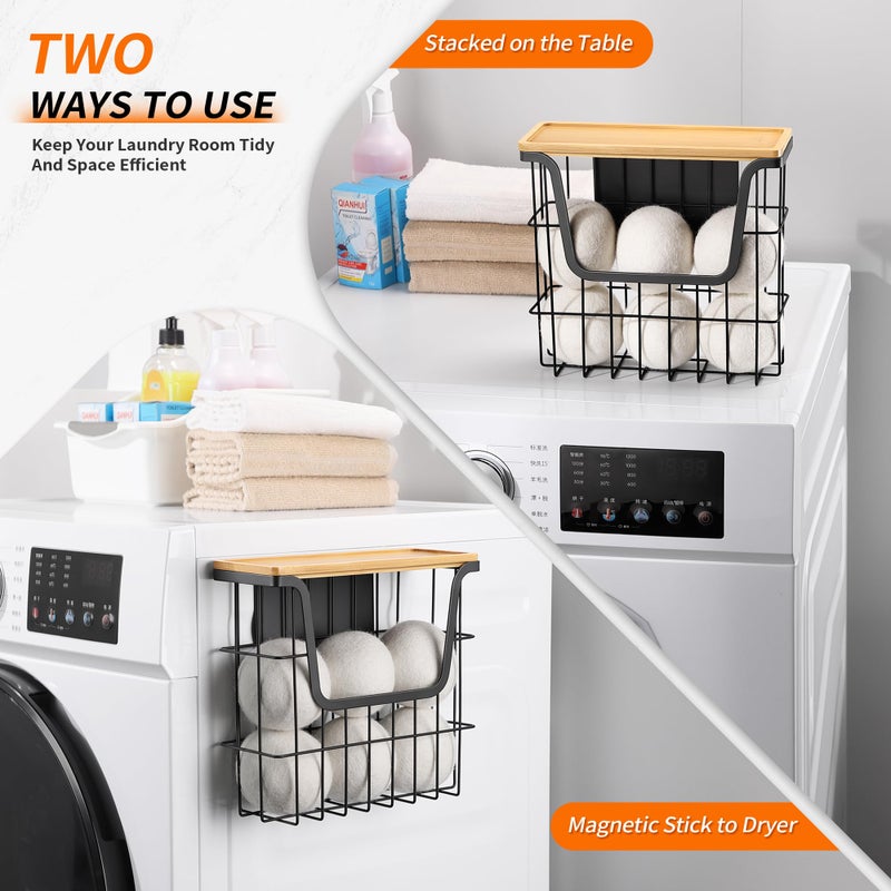 CACHOLIV Magnetic Dryer Ball Holder - Black Basket for Laundry Room Organization and Storage with Bamboo Top - Magnetic Lint Bin Suitable for Washer and Dryer / Fridge / Whiteboard (No Balls) - Image 5