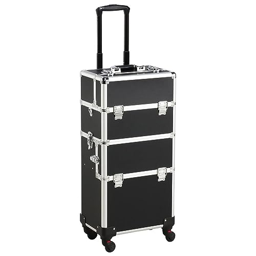Yaheetech Rolling Makeup Train Case 3 in 1 Cosmetic Makeup Case Large Aluminum Trolley Makeup Travel Case Professional Rolling Cosmetic Beauty Storage with 360 Swivel Wheels Black