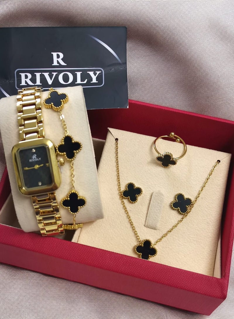 ريفولي طقم نسائي أنيق من الفولاذ المقاوم للصدأ يتكون من ساعة مقاومة للماء مع مجموعة من الأساور والخواتم والقلائد والأقراط - Image 1