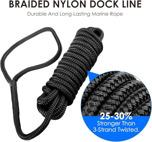 Amarine Made 5/8” X 20’ Dock Lines, 4pcs Boat Dock Lines,15” Eyelet Double-Braided Boat Lines with Loop Docking 1540lbs Working Load, Nylon Dock Ropes with 7700lbs Strength for Boat, Black - Image 2
