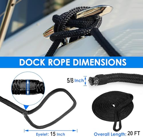 Amarine Made 5/8” X 20’ Dock Lines, 4pcs Boat Dock Lines,15” Eyelet Double-Braided Boat Lines with Loop Docking 1540lbs Working Load, Nylon Dock Ropes with 7700lbs Strength for Boat, Black - Image 3
