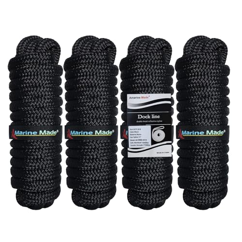 Amarine Made 5/8” X 20’ Dock Lines, 4pcs Boat Dock Lines,15” Eyelet Double-Braided Boat Lines with Loop Docking 1540lbs Working Load, Nylon Dock Ropes with 7700lbs Strength for Boat, Black - Image 1