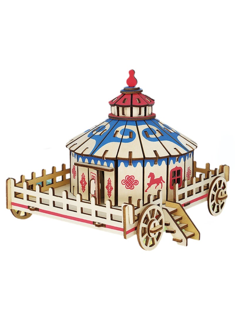 Children's Educational Assembly Toys Wooden 3D Puzzle Children's Yurt With Wheels - Image 1