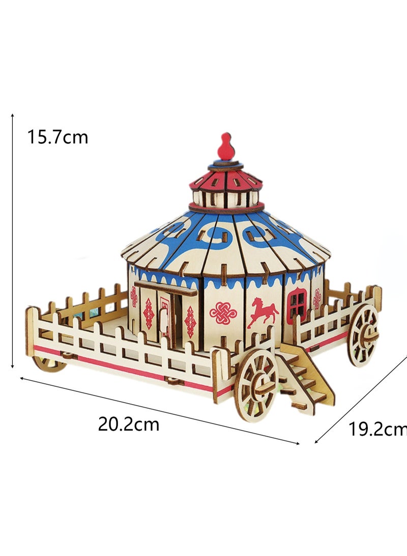 Children's Educational Assembly Toys Wooden 3D Puzzle Children's Yurt With Wheels - Image 2